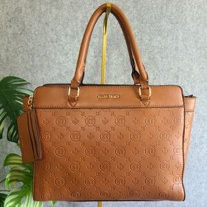 VGUC Ellen Tracy Embossed Signature Collection Cognac Faux Leather Satchel